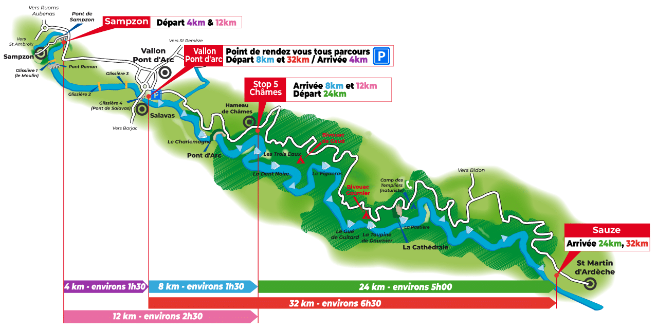 plan des parcours canoë en Ardèche